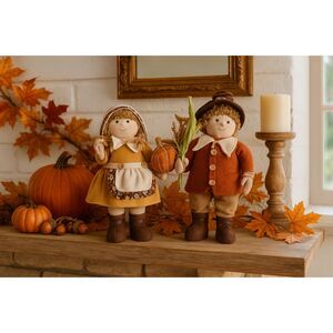 Set of 2 Pilgrim Thanksgiving Fabric Dolls Fall Harvest Farmhouse Country Decor